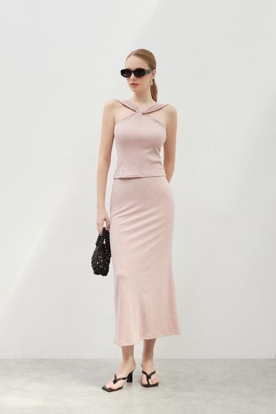  Pink Ribbed Midi Skirt 