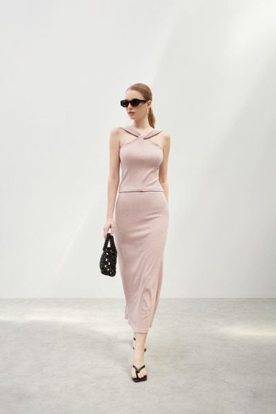  Pink Ribbed Midi Skirt 