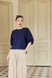  Navy Puff Sleeve Cotton Top 