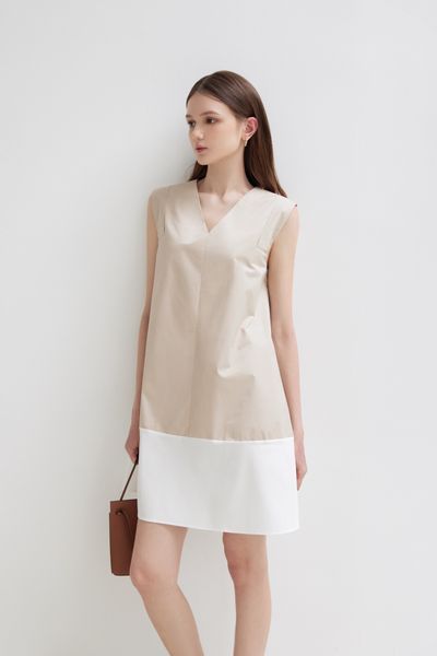  Beige V-neck A-line Dress 