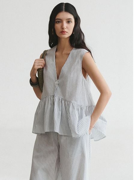  Striped Peplum Linen Top 