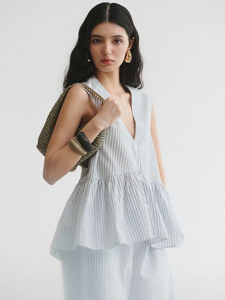  Striped Peplum Linen Top 