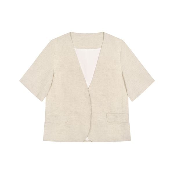  Beige Collarless Linen Blazer 