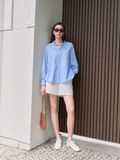  Blue Striped Puff Sleeve Shirt 