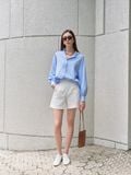  Blue Striped Puff Sleeve Shirt 