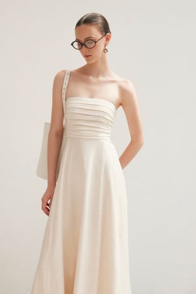 Ivory Linen Strapless Maxi Dress 