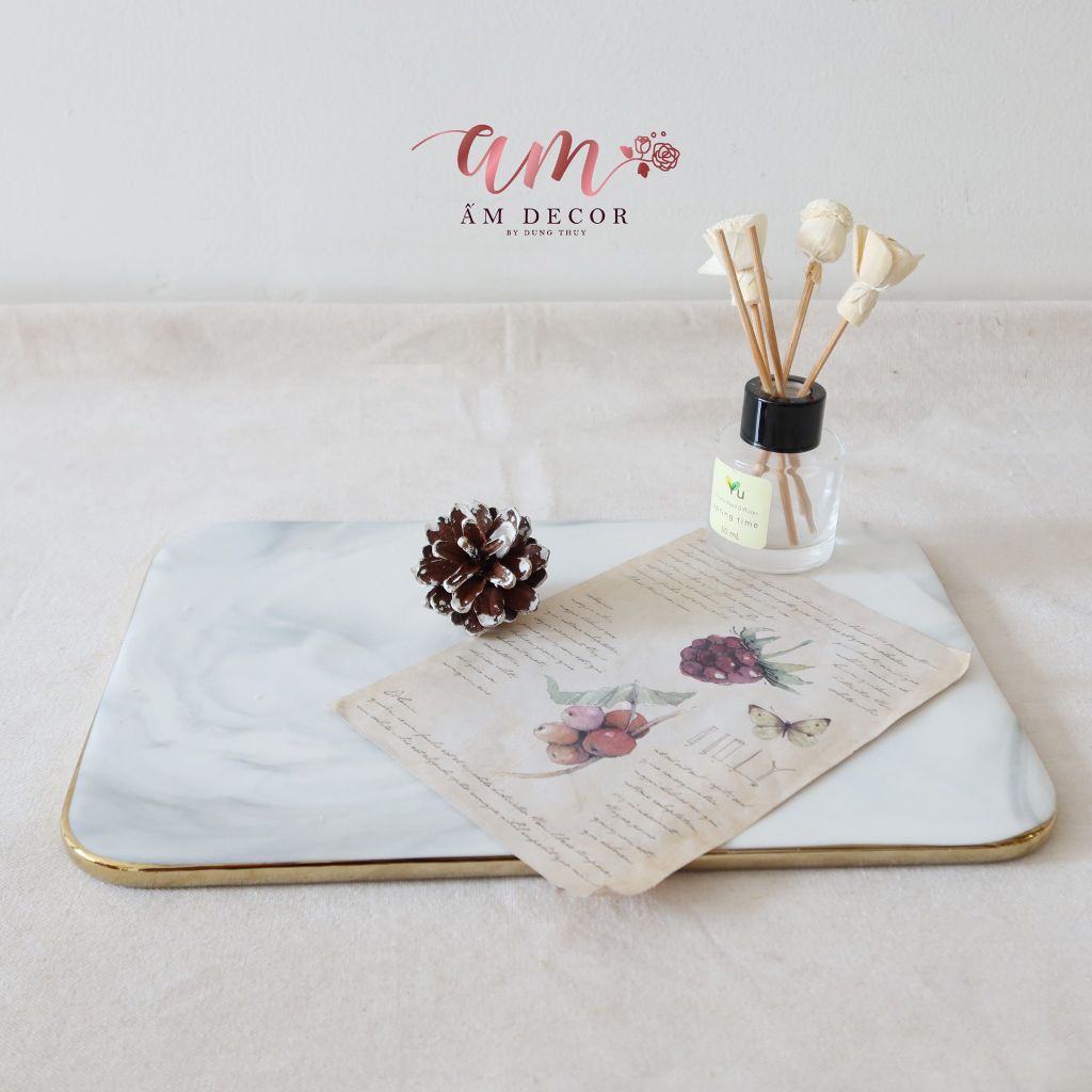 KHAY ĐÁ CHỮ NHẬT VIỀN VÀNG ĐỰNG ẤM CHÉN TRÀ CHIỀU