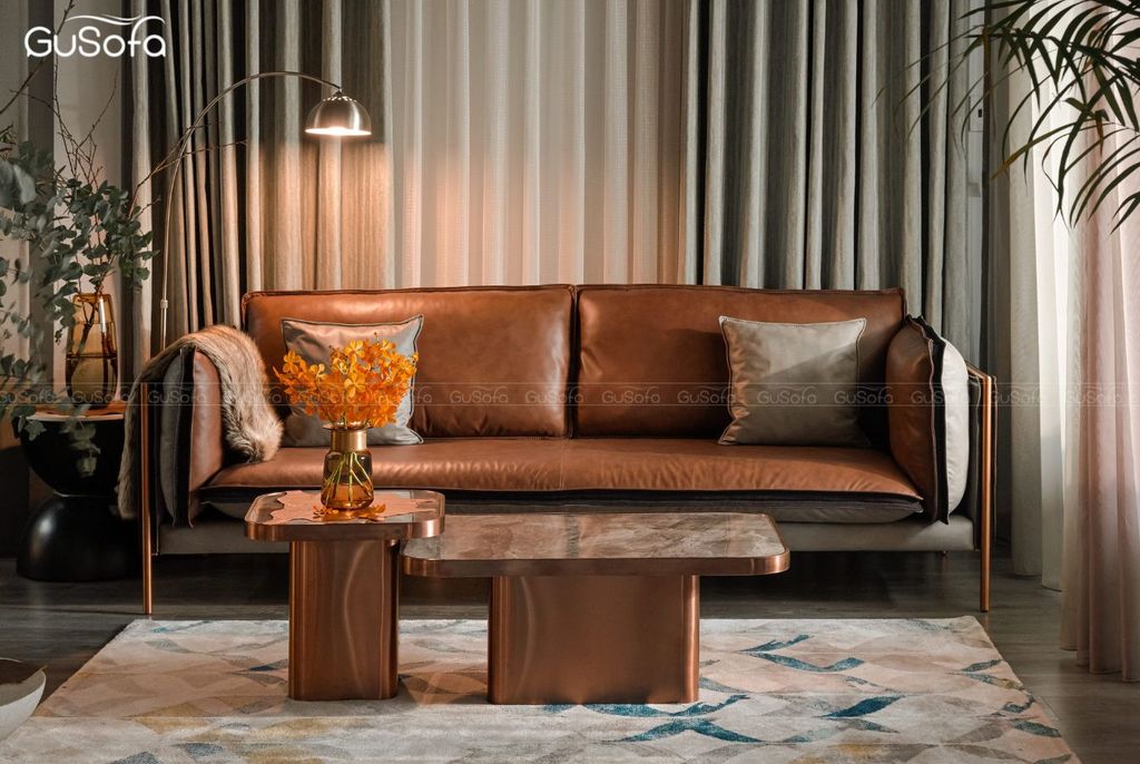 Ghế Sofa băng ROSA 3 chỗ 2,2m Da bò Brazil 60% nâu mix Microfiber