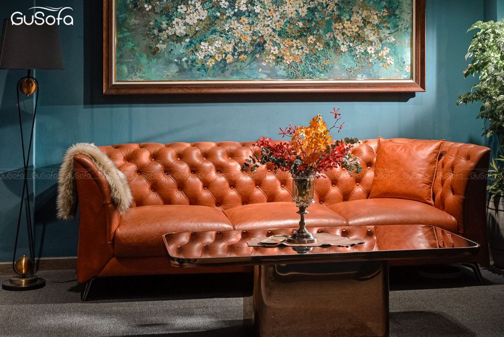 Ghế Sofa băng Louis 4 chỗ 2,5m Da bò Italy 80% Cognac
