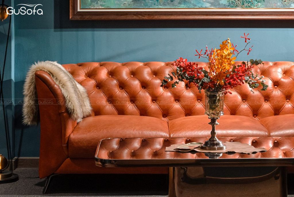 Ghế Sofa băng Louis 4 chỗ 2,5m Da bò Italy 80% Cognac