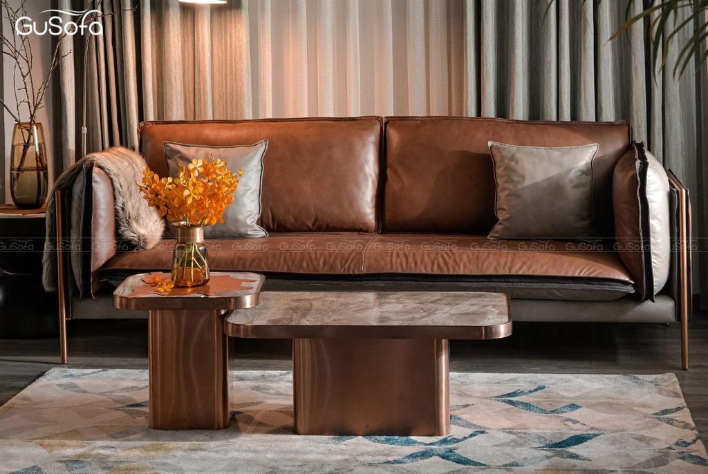 Ghế Sofa băng ROSA 3 chỗ 2,2m Da bò Brazil 60% nâu mix Microfiber