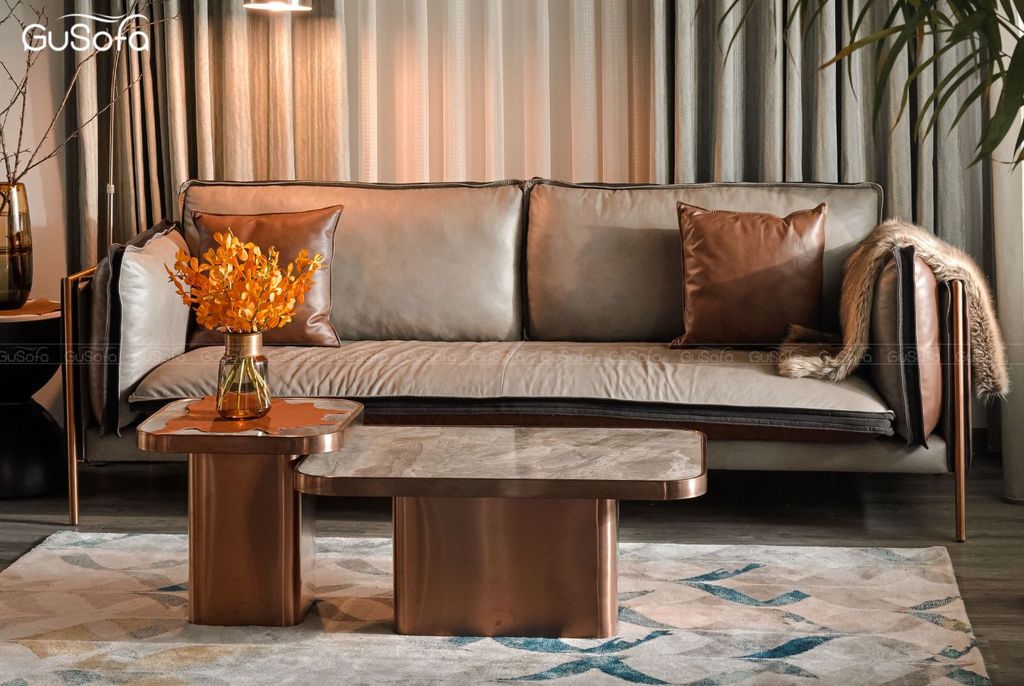 Ghế Sofa băng ROSA 3 chỗ 2,2m Da bò Brazil 60% nâu mix Microfiber