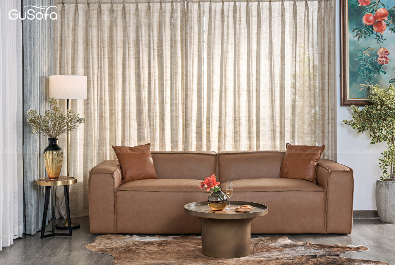  Ghế Sofa băng GuBasic chân bệt 2,5m 4 chỗ Da bò Brzil 80% 