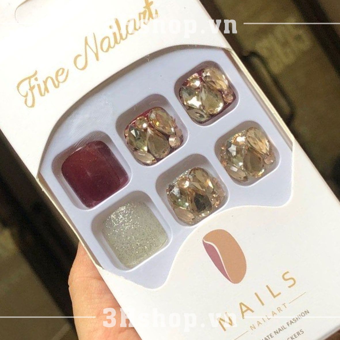  Nailbox chân đỏ đô mix nhũ trắng gắn đá kèm keo set 24 