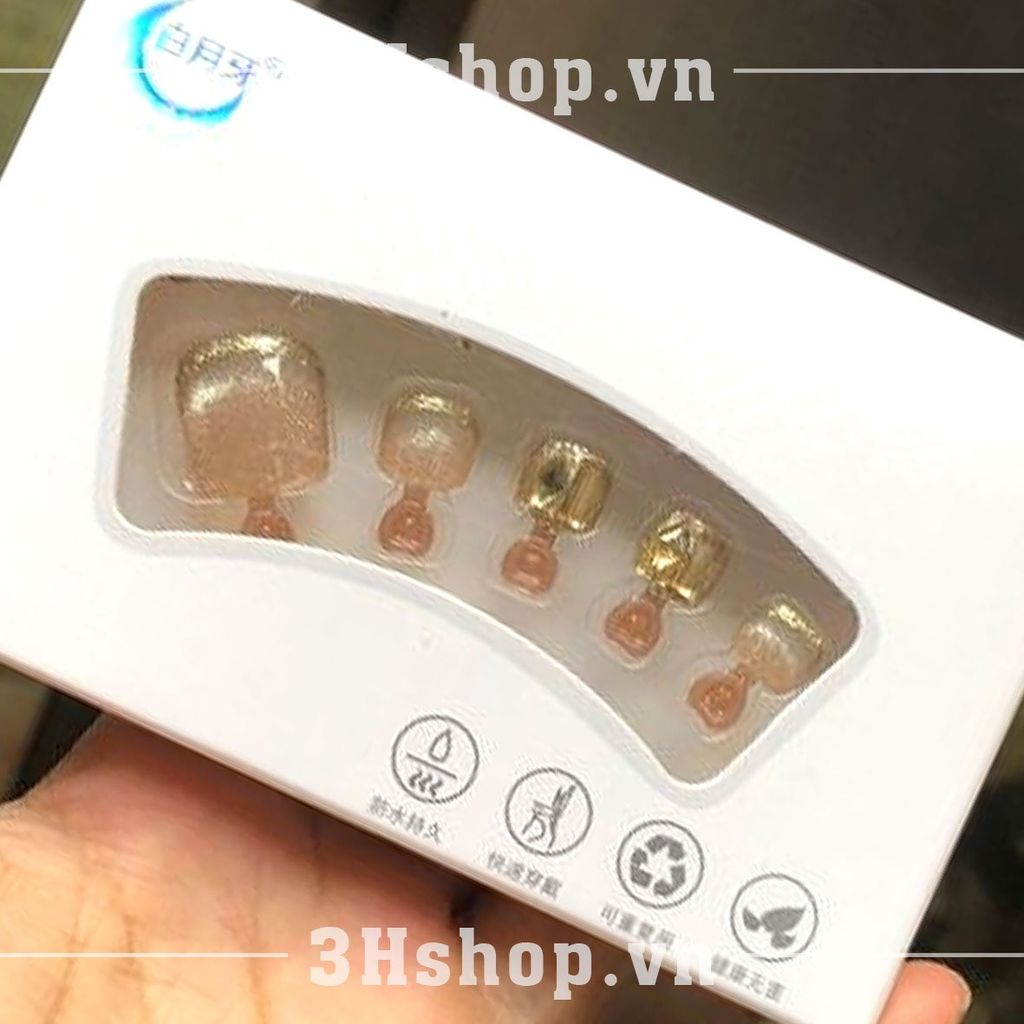  Nailbox chân màu hồng kem gắn đá vàng kèm keo set 24 