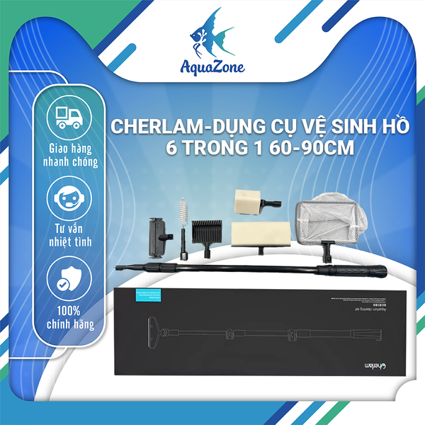 Dụng cụ vệ sinh bể cá thủy sinh Cherlam 6 trong 1, cọ chà hồ, cạo rêu, bọt biển lau kính, lưới,  cào sỏi tiện lợi