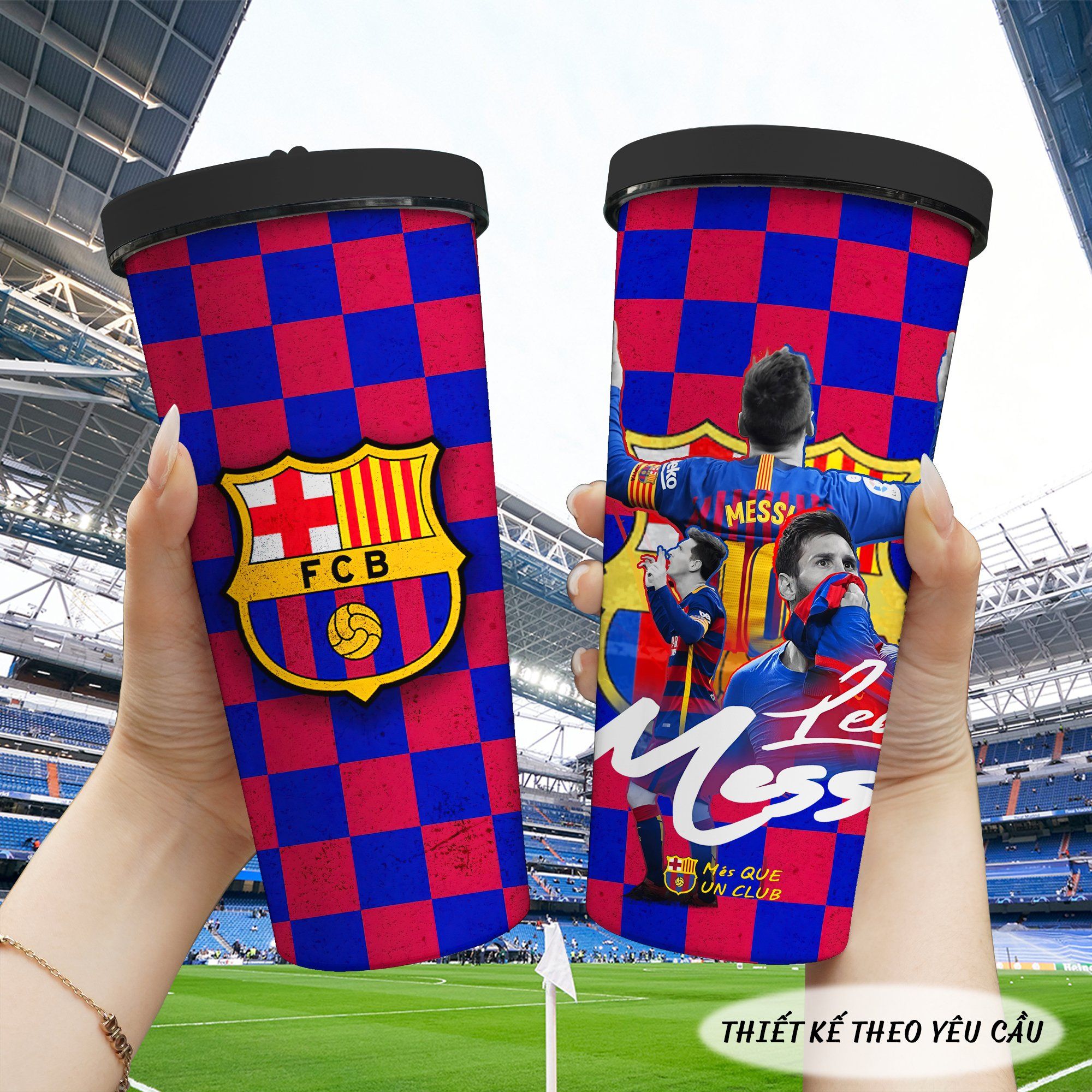  Logo CLB Bóng Đá Nền Caro Kết Hợp với Cầu Thủ Go Drink Fan Bóng Đá Ly giữ nhiệt 740ml In Tên, Hình Ảnh Theo Yêu Cầu 