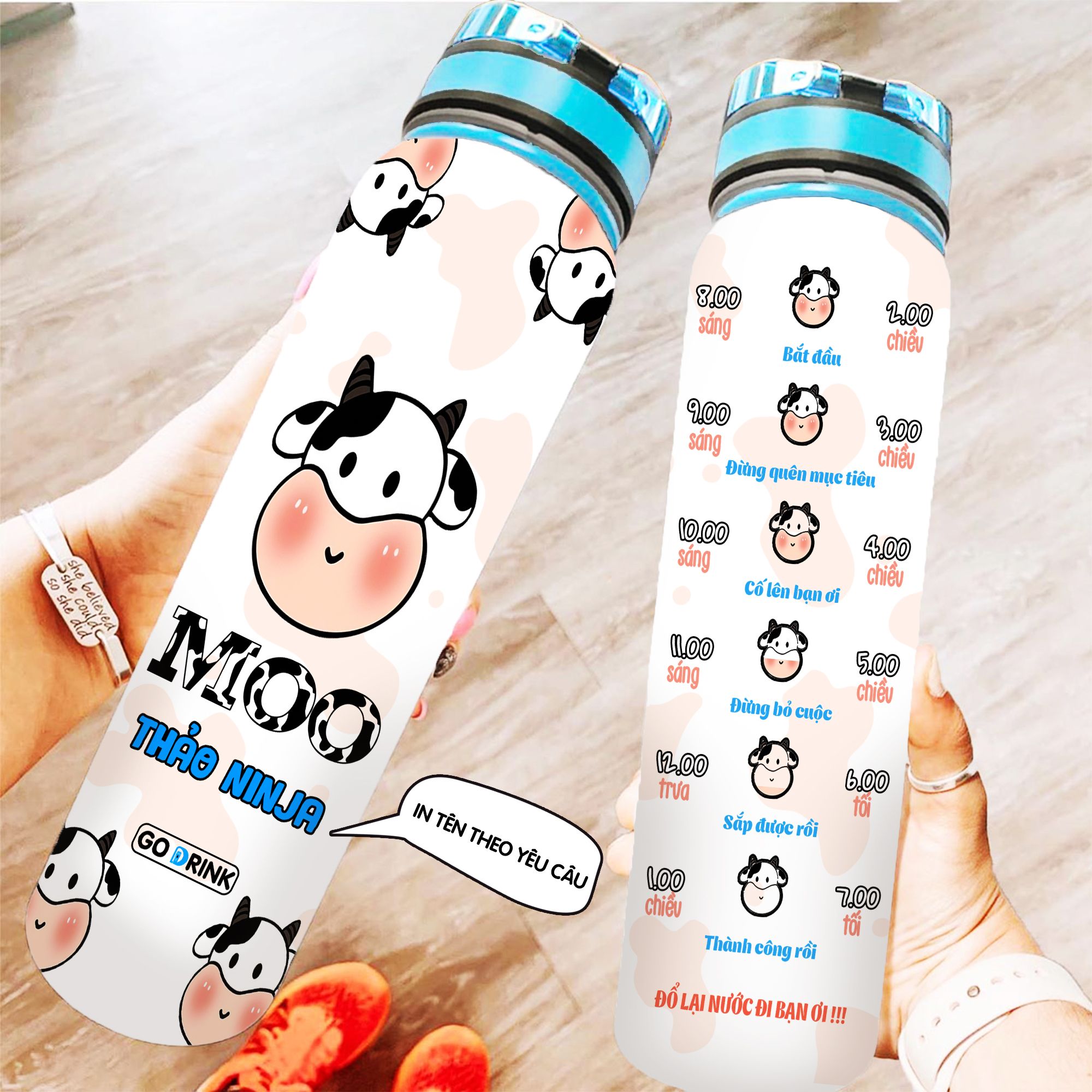  Bình Nước Có Vạch Chia Bò Sữa Cute, 950ml, In Tên Theo Yêu Cầu 