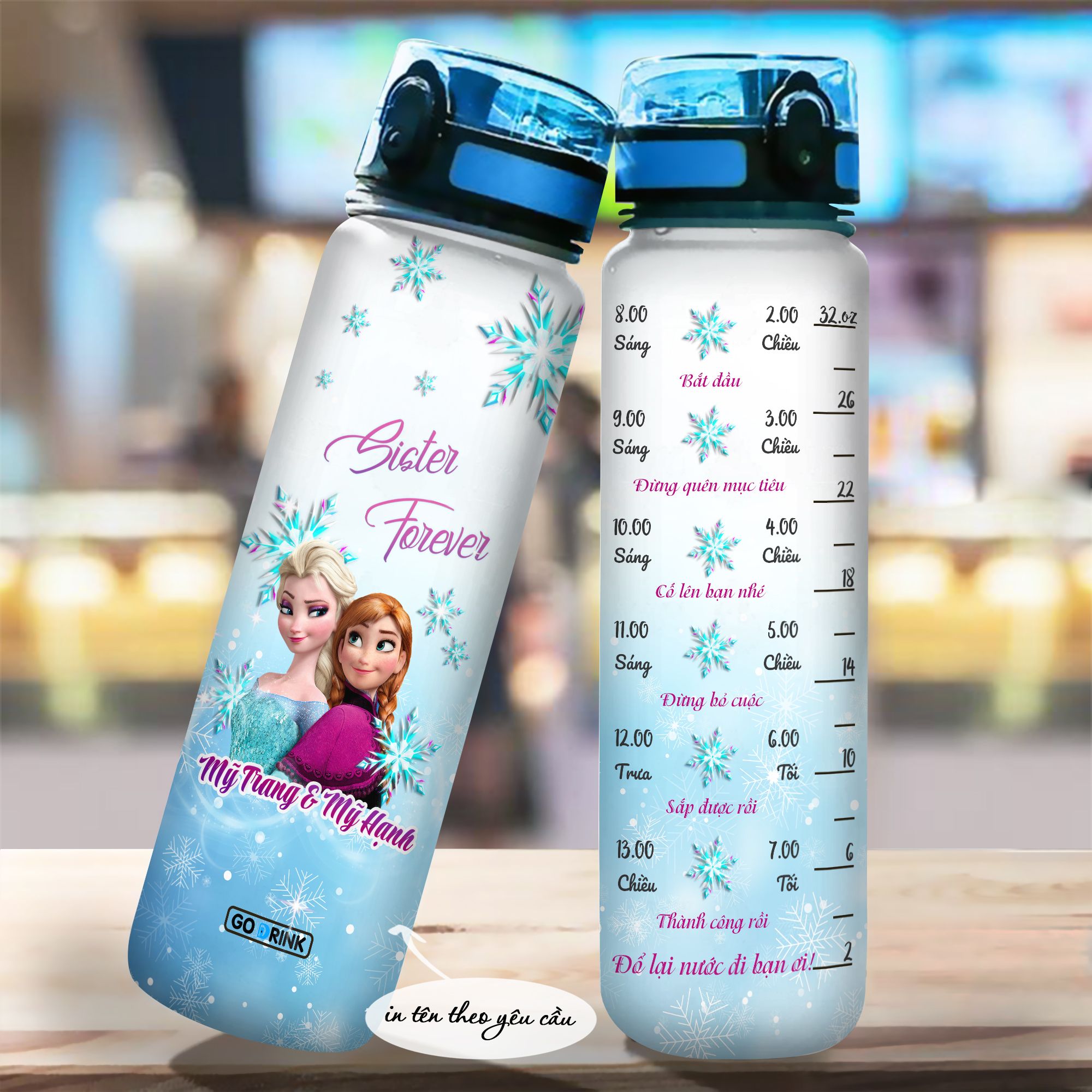  Elsa Go Drink Movie Bình nước có vạch chia 950ml In tên, hình ảnh theo yêu cầu 