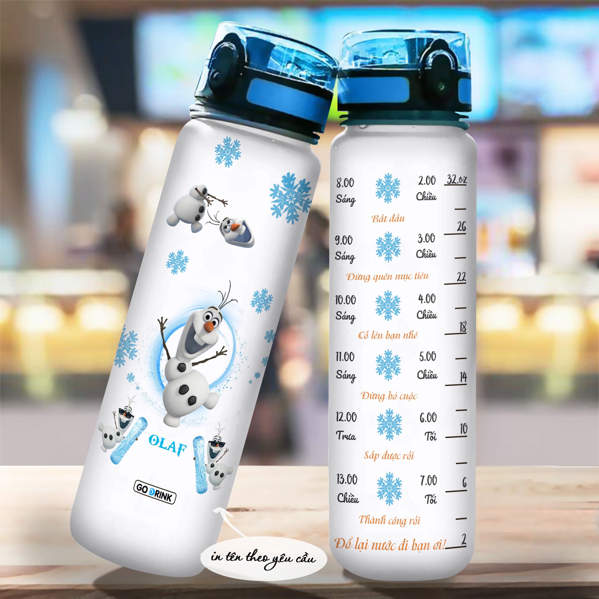  Frozen Olaf Go Drink Movie Bình nước có vạch chia 950ml In tên, hình ảnh theo yêu cầu 