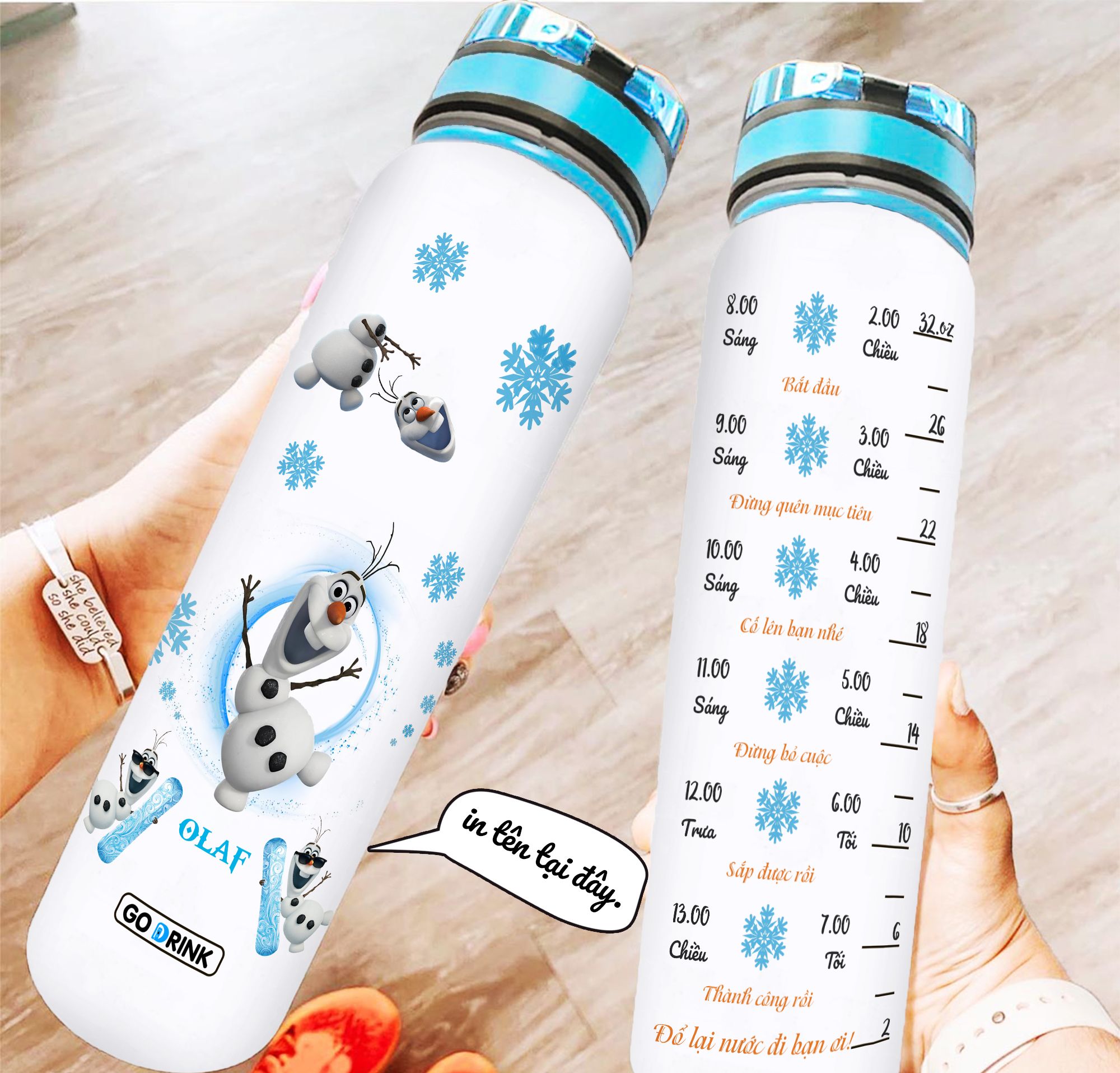  Frozen Olaf Go Drink Movie Bình nước có vạch chia 950ml In tên, hình ảnh theo yêu cầu 