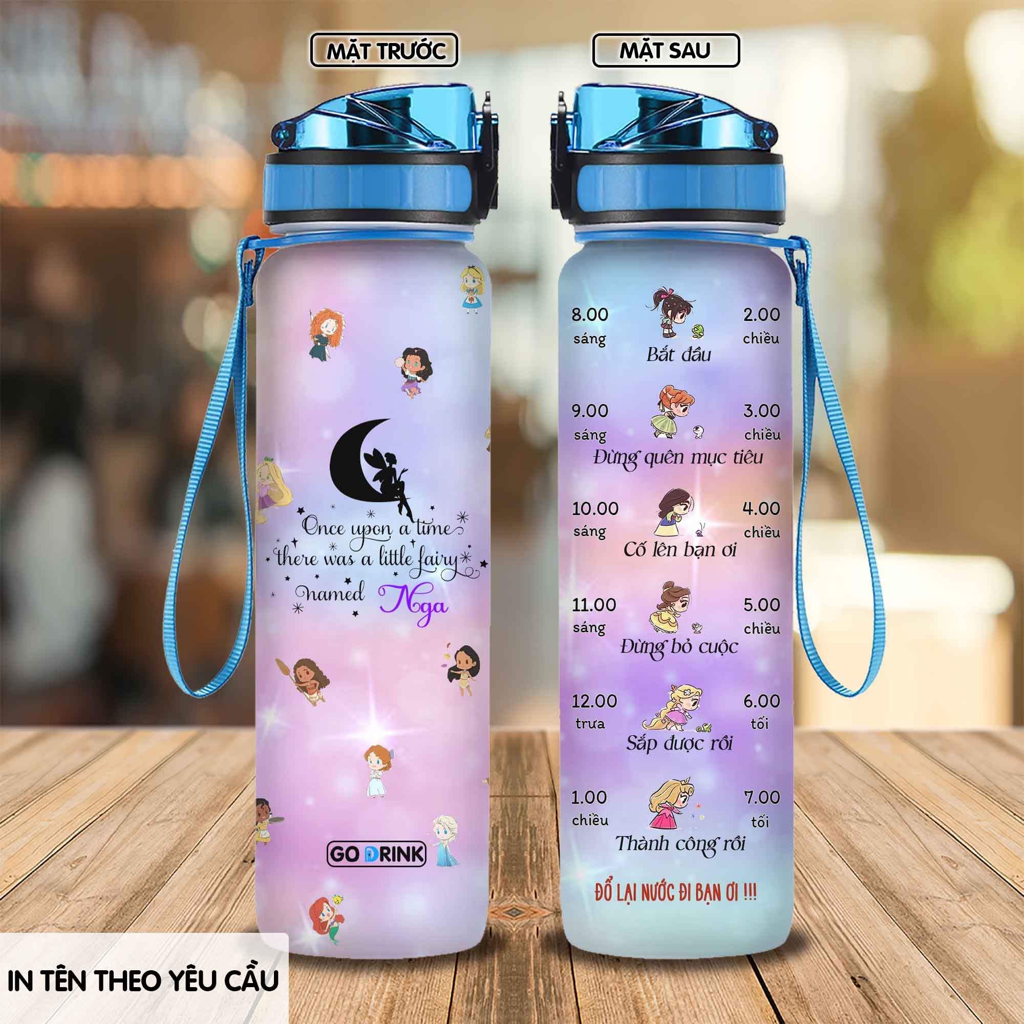  Công chúa hoạt hình cute Go Drink Movie Bình nước có vạch chia 950ml In tên, hình ảnh theo yêu cầu 