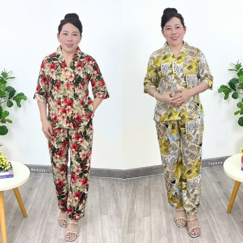 Đồ Bộ Trung Niên-Đồ Lam NHISTORE Pijama Lụa HongKong Cổ Chui Tay Lửng Quần Dài Có Túi Big Size Từ 45 - 85Kg