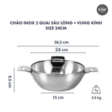  CHẢO INOX 2 QUAI SÂU LÒNG + VUNG KÍNH, SIZE 24CM (KY) 