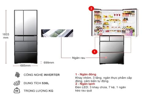 Tủ lạnh Hitachi Inverter 536 lít R-G520GV X (6 cánh)