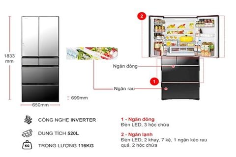 Tủ lạnh Hitachi Inverter 520 lít R-HW530NV X (6 cánh) - Chính hãng