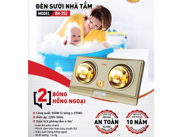 Đèn sưởi nhà tắm 2 bóng Saiko BH-252