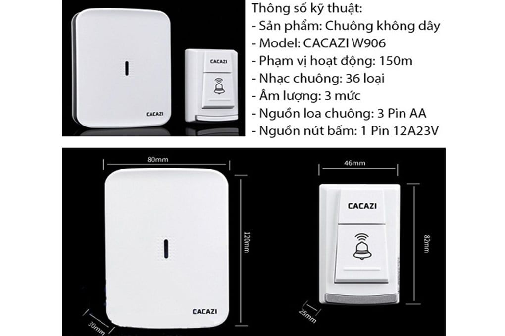 Chuông không dây nút bấm nhỏ gọn CACAZI W-906