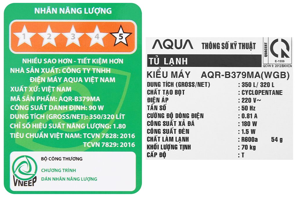 Tủ lạnh Aqua Inverter 320 lít AQR-B379MA WGB (2 cánh)