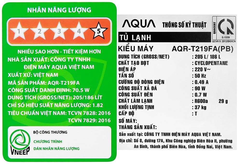 Tủ lạnh Aqua Inverter 186 lít AQR-T219FA PB (2 cánh)