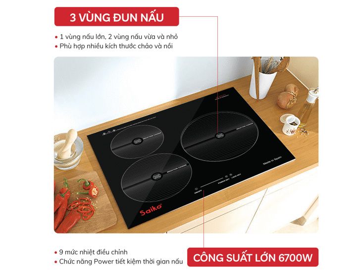 Bếp từ âm Saiko 3 vùng nấu SK-6700