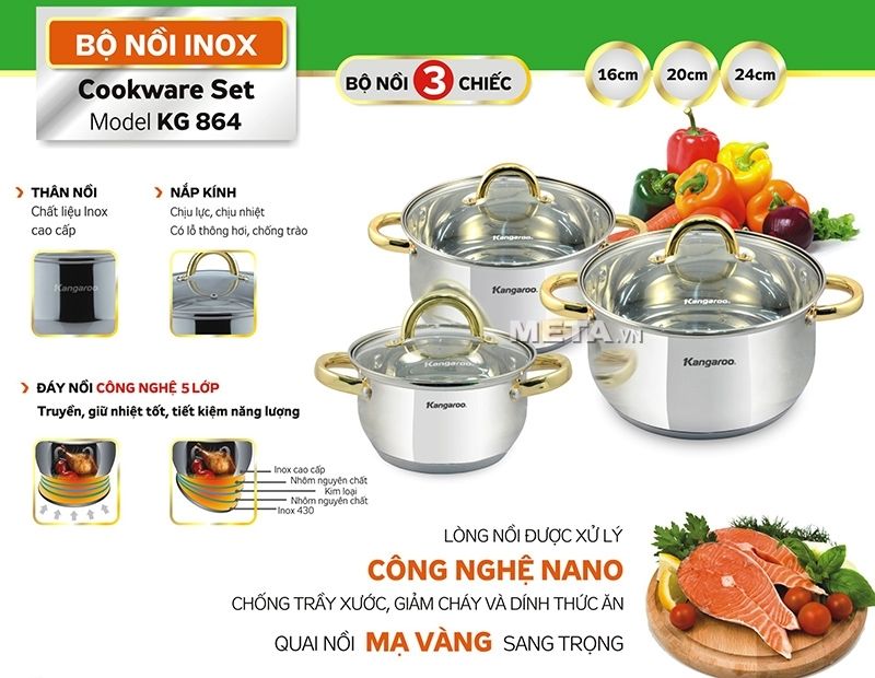 Bộ 3 nồi inox cao cấp 5 lớp KG864