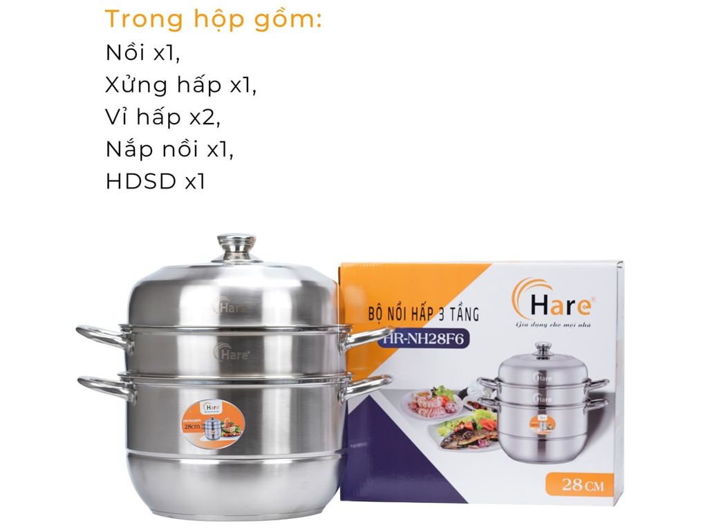 Bộ nồi hấp inox 3 tầng Hare HR-NH28F6 (28cm)