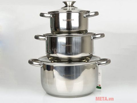 Bộ 3 nồi inox 4 đáy Nagakawa NAG1304 (16cm, 20cm, 24cm)