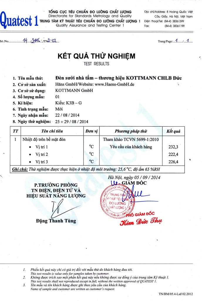 Đèn sưởi nhà tắm Kottmann được thử nghiệm trong môi trường độ ẩm 65% RH, rất an toàn.