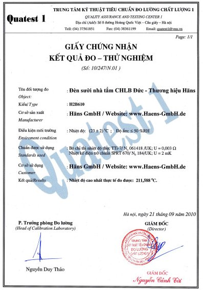 Đèn sưởi nhà tắm Hans được cấp giấy kiểm nghiệm của trung tâm kỹ thuật tiêu chuẩn đo lường chất lượng.