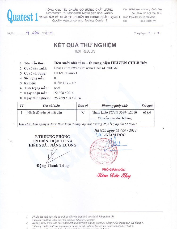 Đèn sưởi nhà tắm Heizen đã được tổng cục tiêu chuẩn đo lường chất lượng kiểm định.