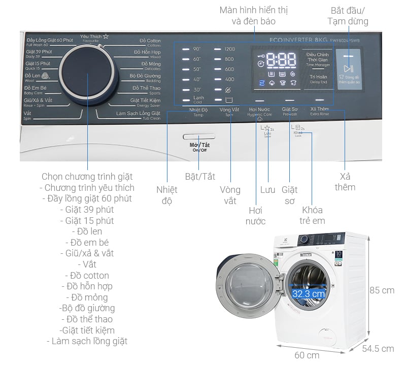 Máy giặt Electrolux Inverter 8 kg EWF8024P5WB