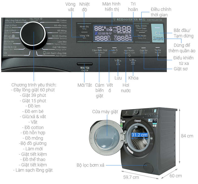 Máy giặt Electrolux Inverter 9 kg EWF9042R7SB