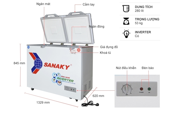 Tủ đông 2 ngăn đông và mát inverter Sanaky VH-4099W4K (280 lít, nắp kính xám)