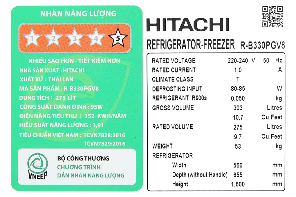 Tủ lạnh Hitachi Inverter 275 lít R-B330PGV8 BSL (4 cánh)