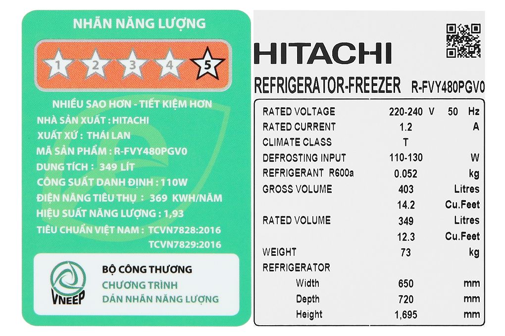 Tủ lạnh Hitachi Inverter 349 lít R-FVY480PGV0 GBK (2 cánh)