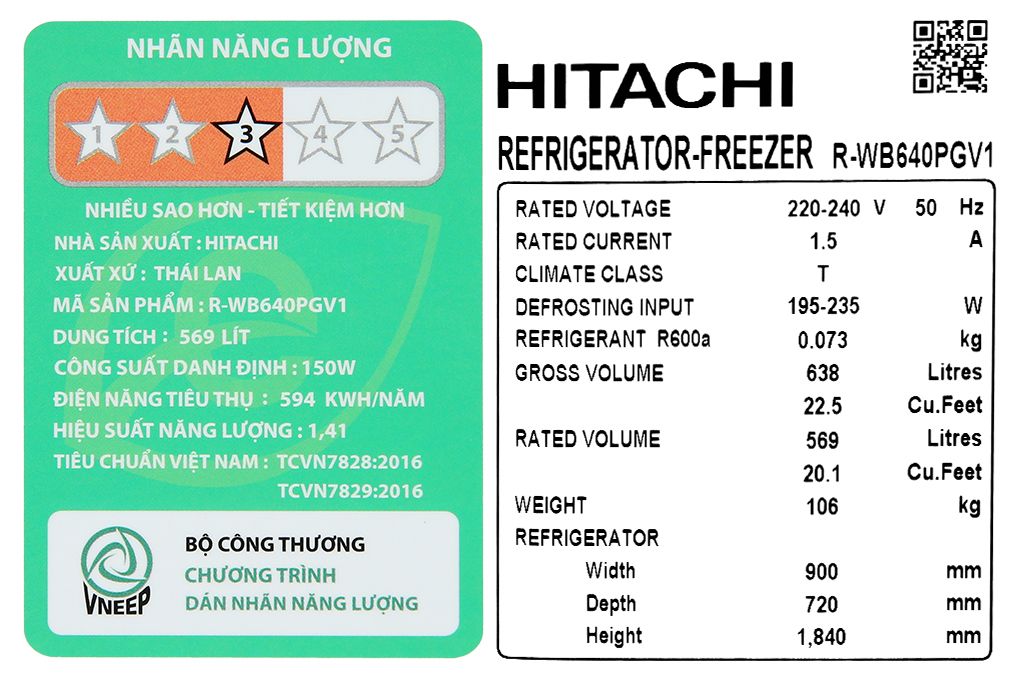 Tủ lạnh Hitachi Inverter 569 lít R-WB640PGV1 GMG (4 cánh)