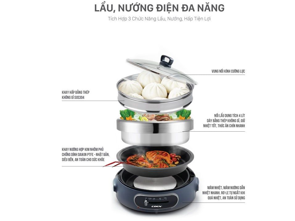 Lẩu nướng điện đa năng Coex CH-2115 (Kèm khay nướng và vỉ hấp)