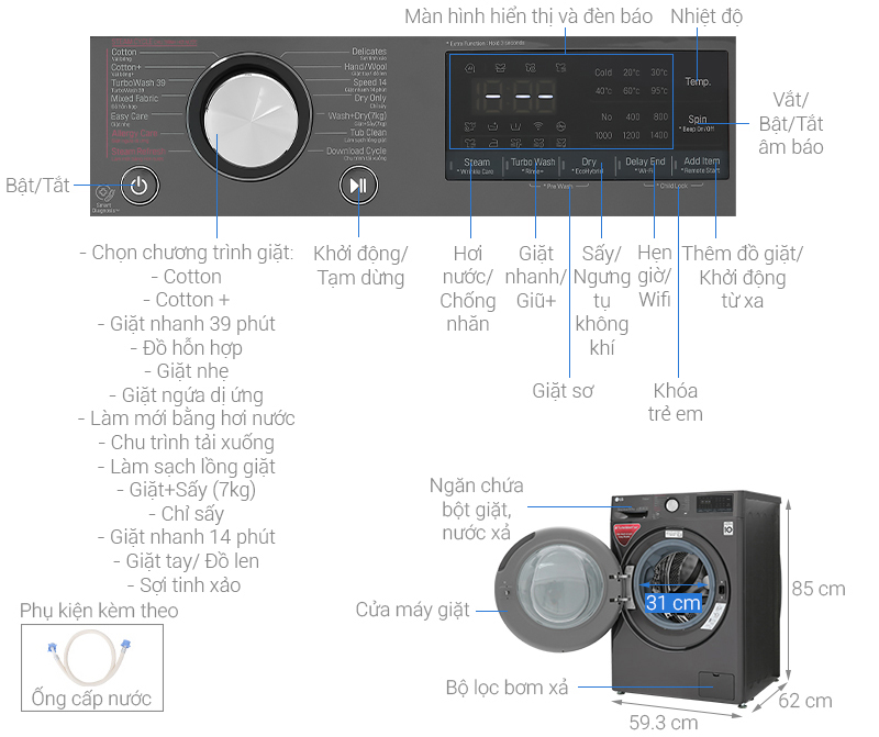 Máy giặt sấy LG Inverter 10.5 kg FV1450H2B