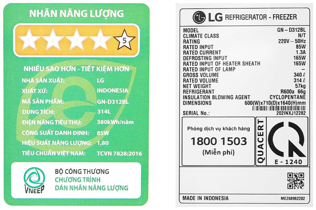 Tủ lạnh LG Inverter 314 lít GN-D312BL (2 cánh)